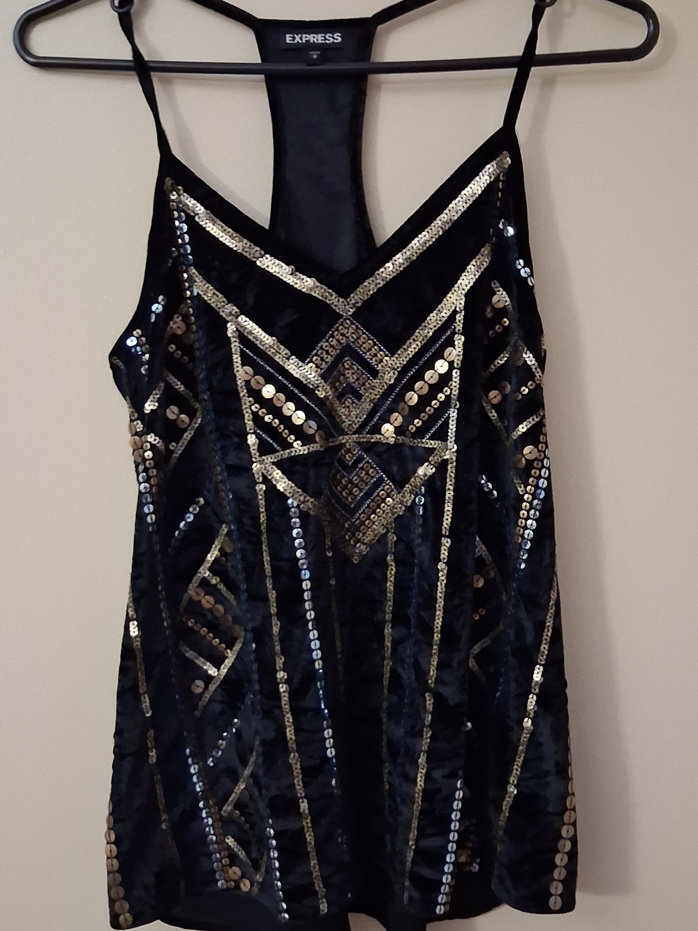 Express Black Velvet Sequin Racerback Tank Top Art Deco Gold Silver Small